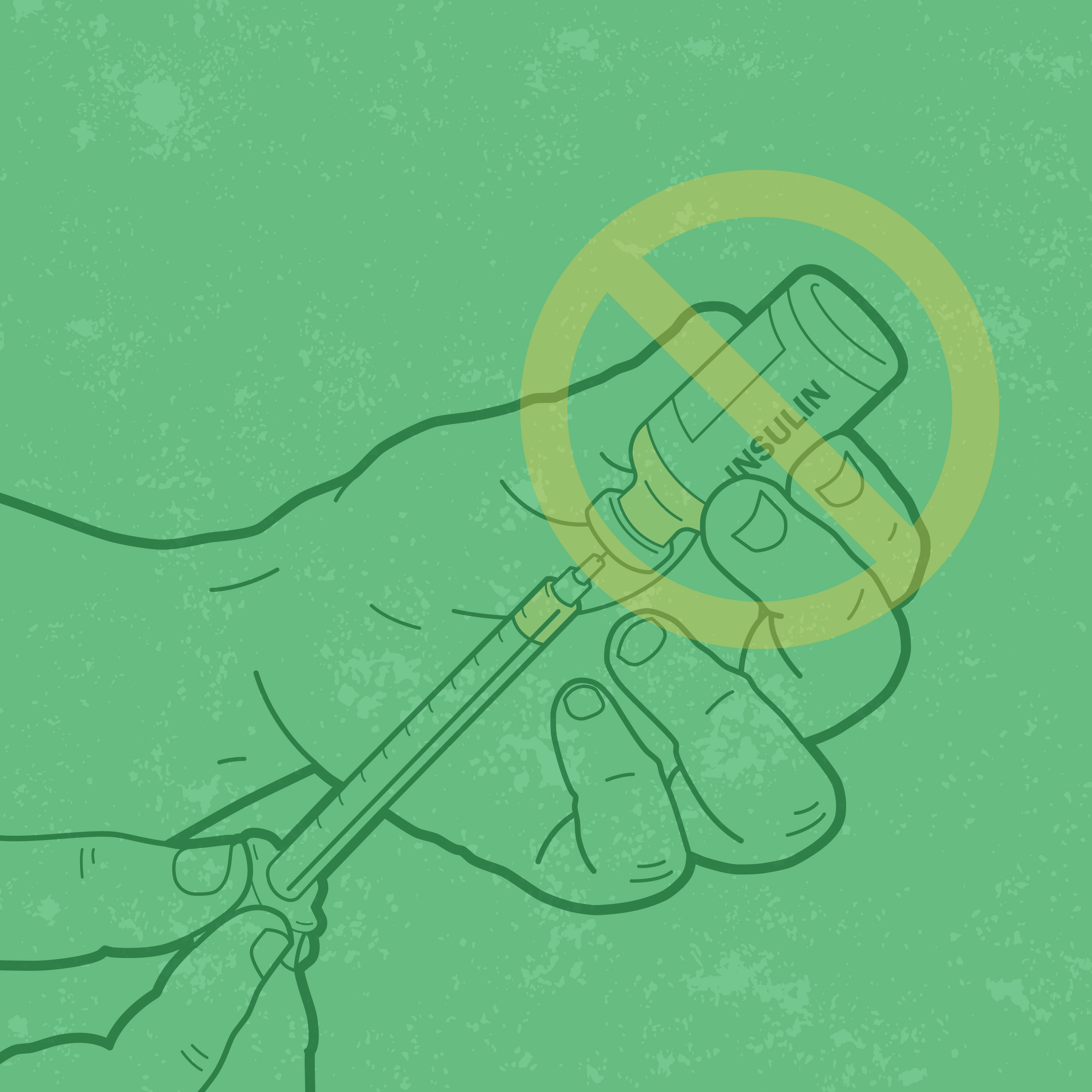 Photo of someone holding a vial of insulin with a "no" symbol over the insulin bottle