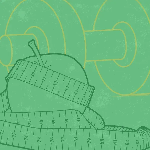 Graphic showing apple and measuring tape with a weight in the background.