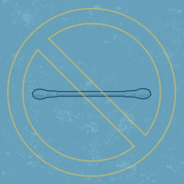 Graphic featuring a cotton swab with a "no" symbol on top of it.