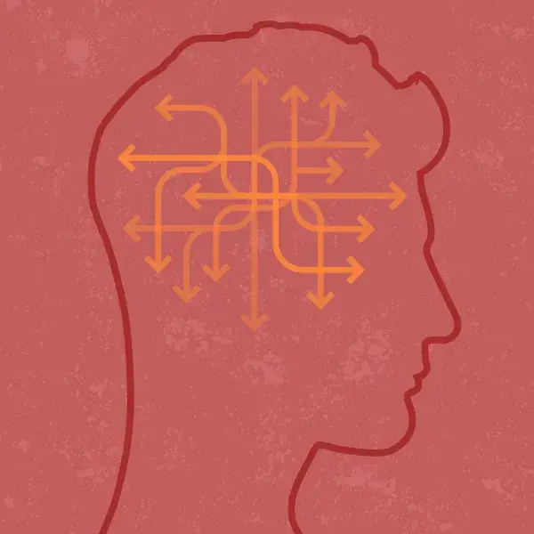 Graphic showing arrows going different ways inside someone's head