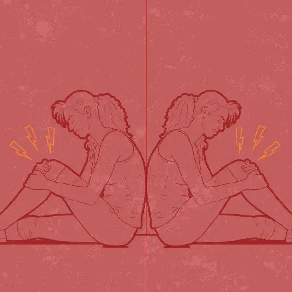Graphic shows a mirror image of a woman feeling pain in her knee.
