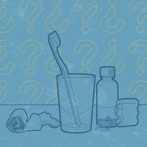 Graphic of items used to brush/clean your teeth, with question marks in the background