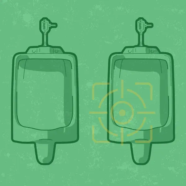 Graphic of two urinals next to each other with a target