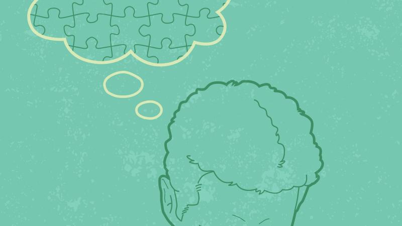 Graphic of person with thought bubble with puzzle pieces inside