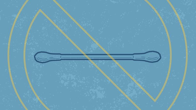 Graphic featuring a cotton swab with a "no" symbol on top of it.