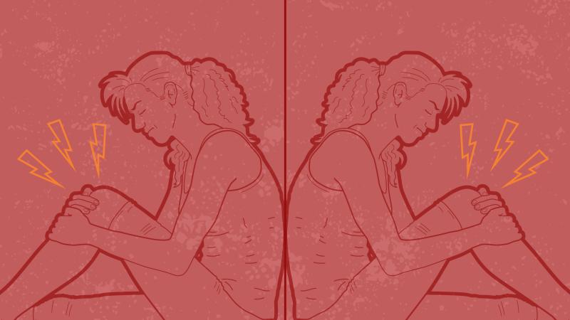 Graphic shows a mirror image of a woman feeling pain in her knee.