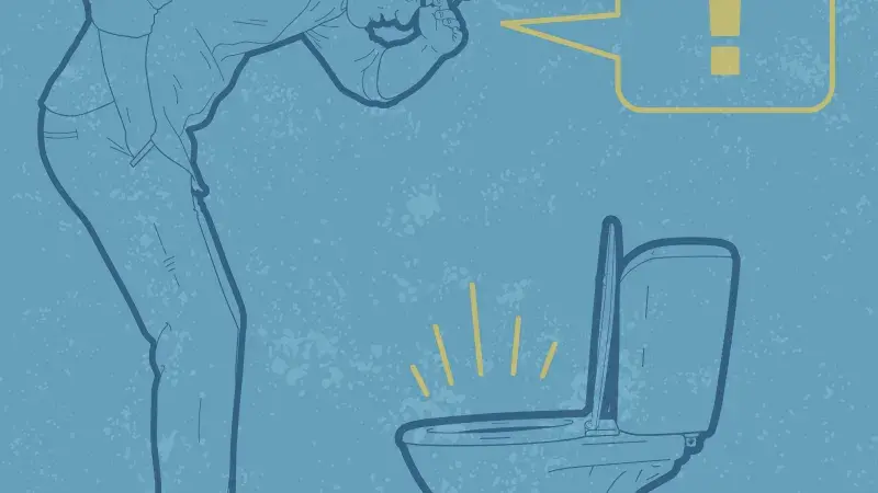 Graphic of a man looking into the toilet with an exclamation point in a voice bubble