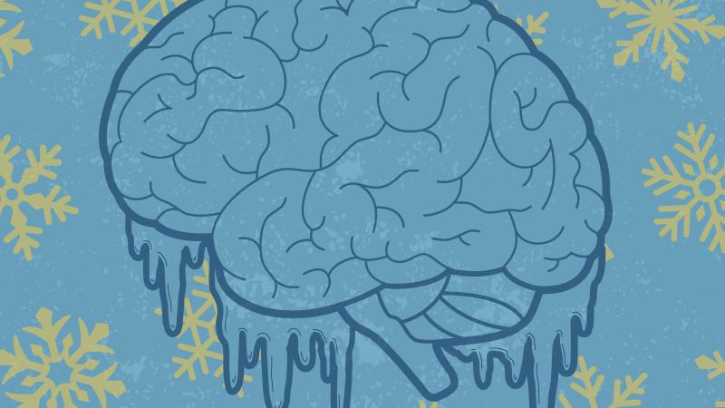 Graphic of brain freeze, showing icicles on a brain and snowflakes