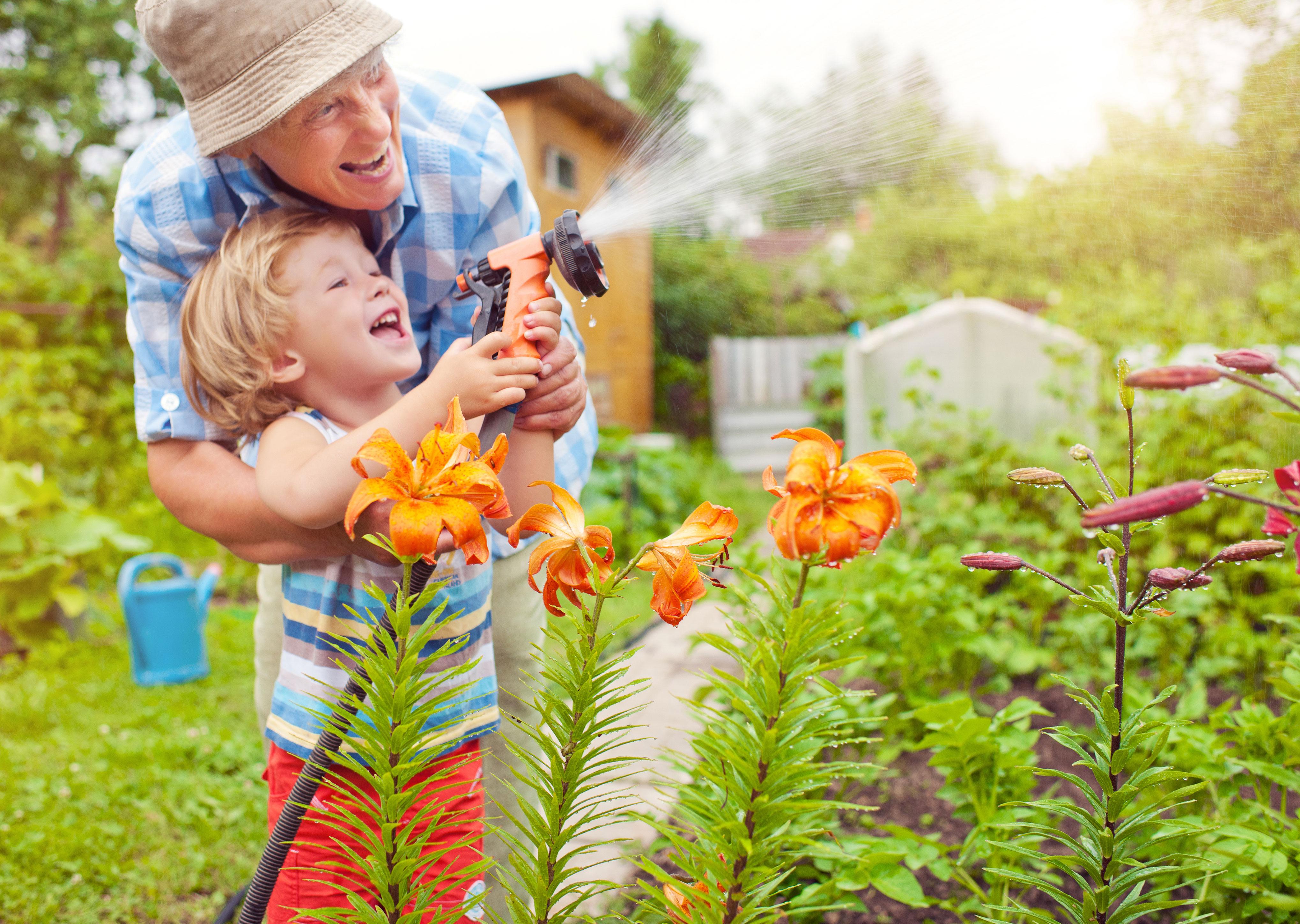Grandparent playing in the garden with grandson