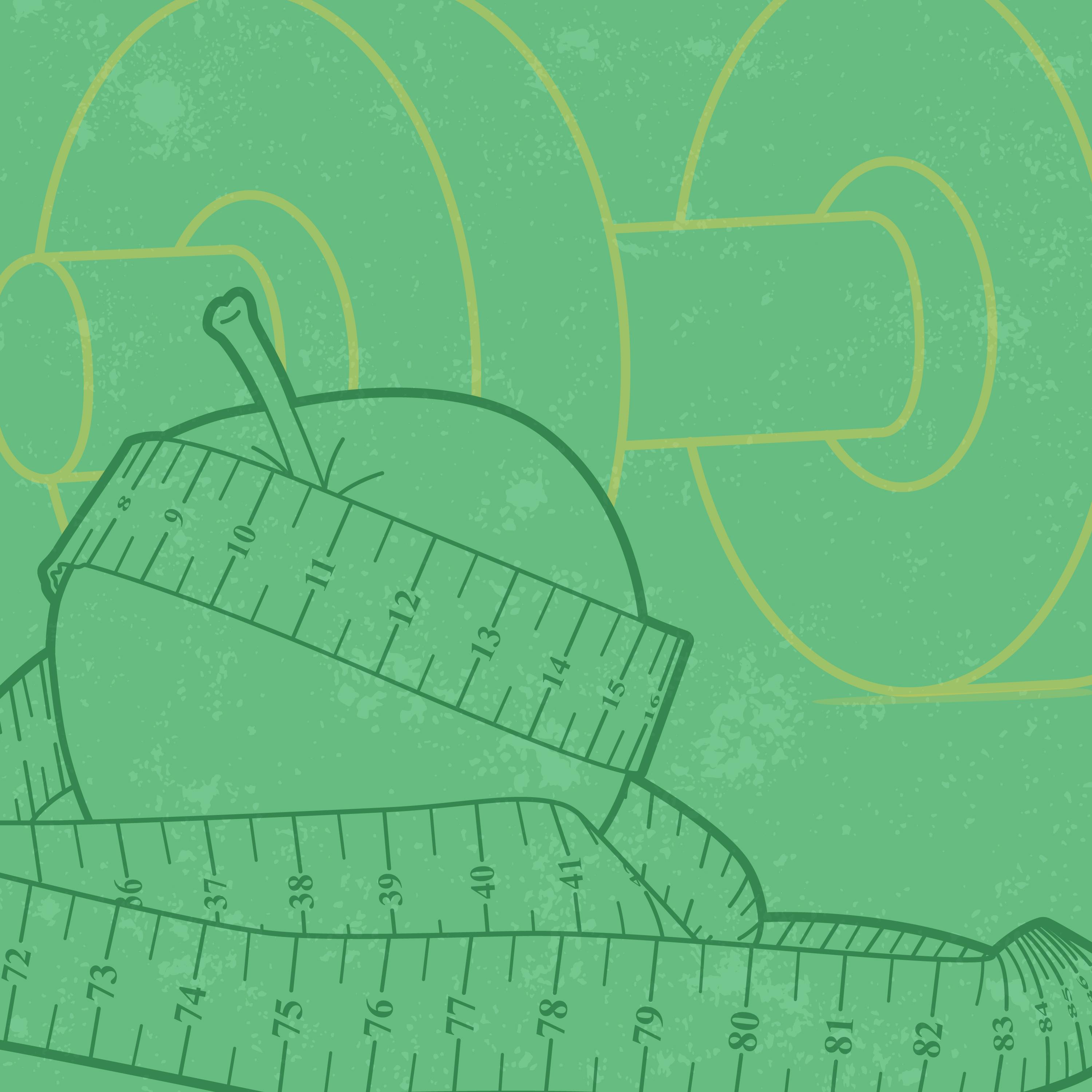 Graphic showing apple and measuring tape with a weight in the background.