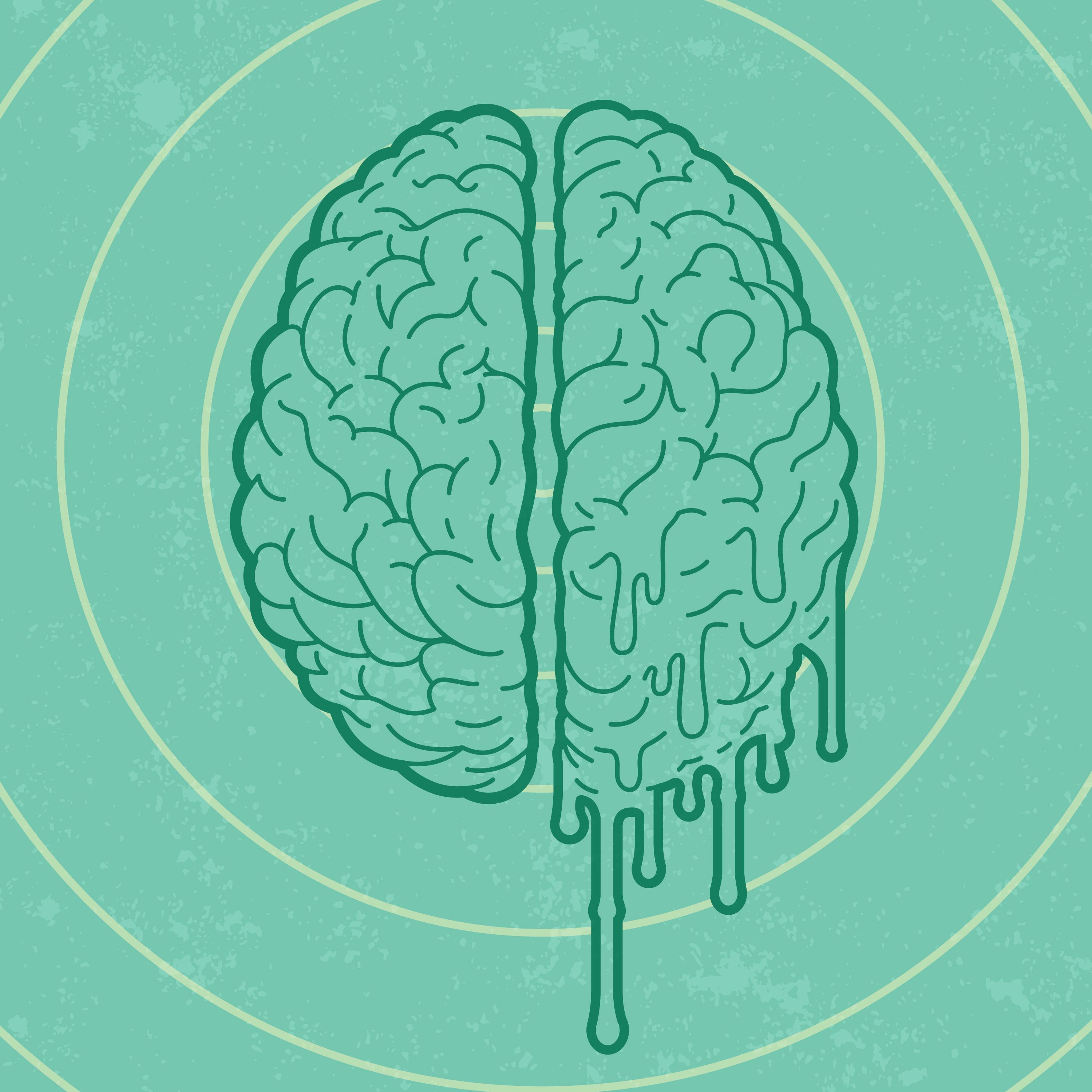 Graphic of a brain with one side of the brain melting