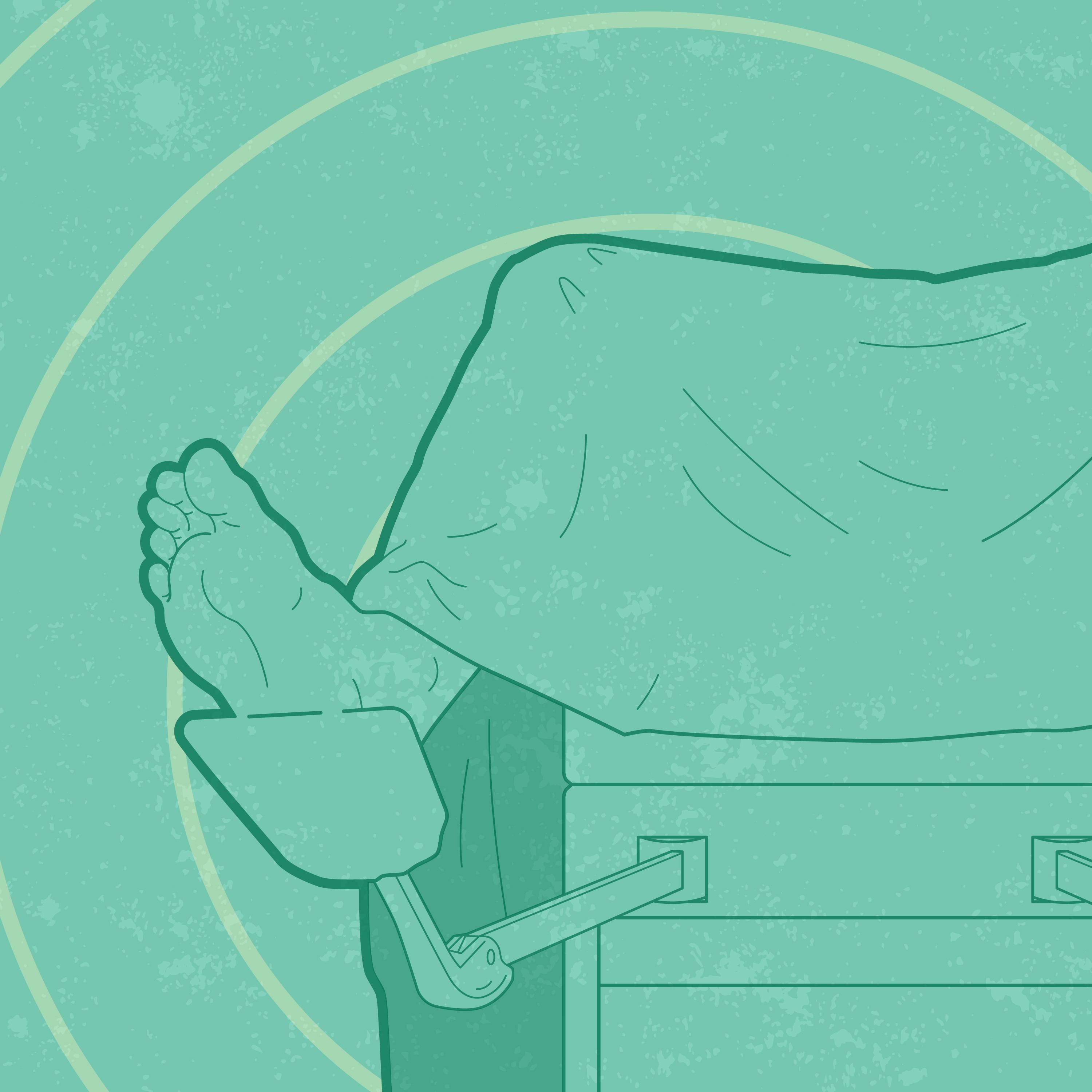 Graphic of end of woman on exam table, legs draped over and foot on stirrups