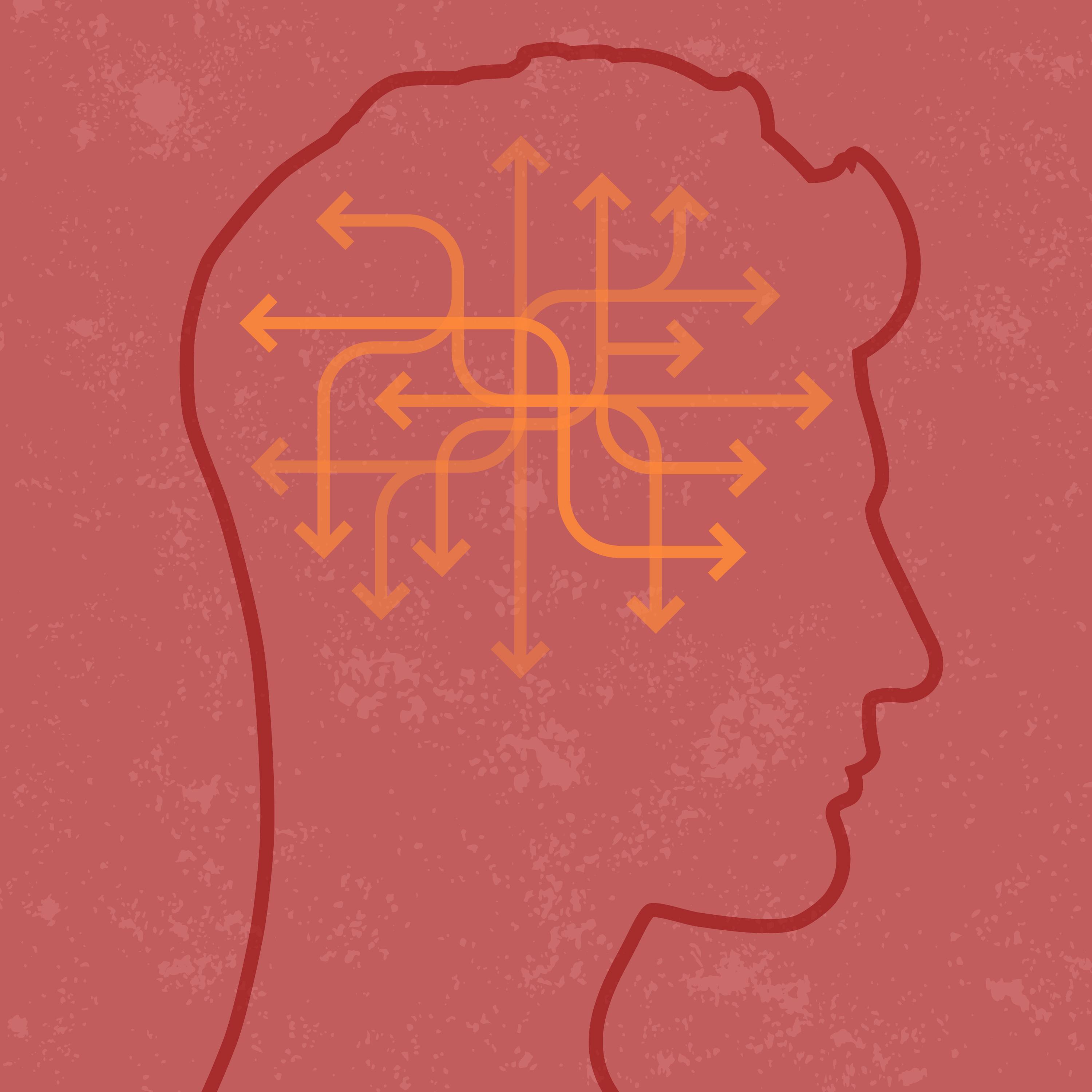 Graphic showing arrows going different ways inside someone's head