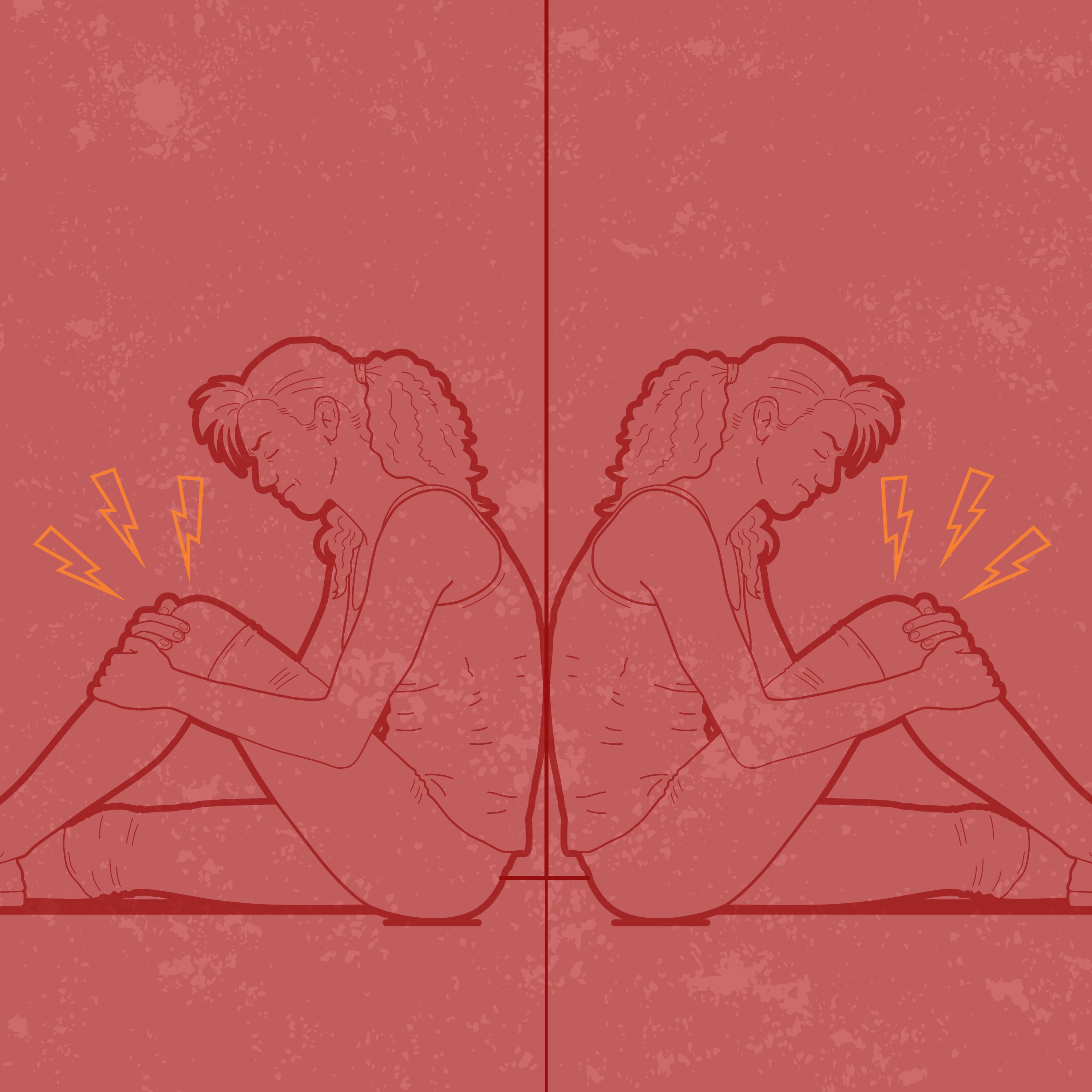 Graphic shows a mirror image of a woman feeling pain in her knee.