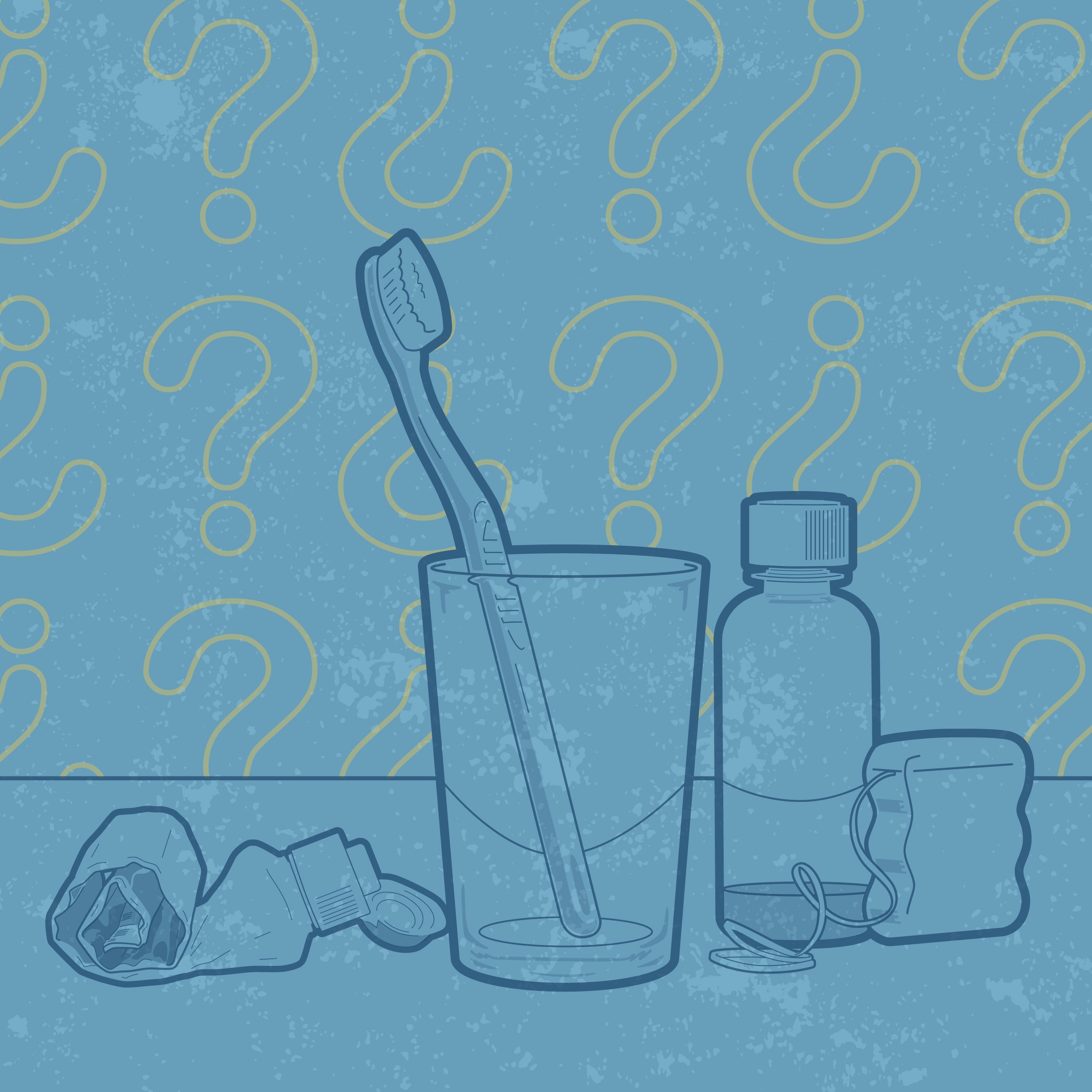 Graphic of items used to brush/clean your teeth, with question marks in the background