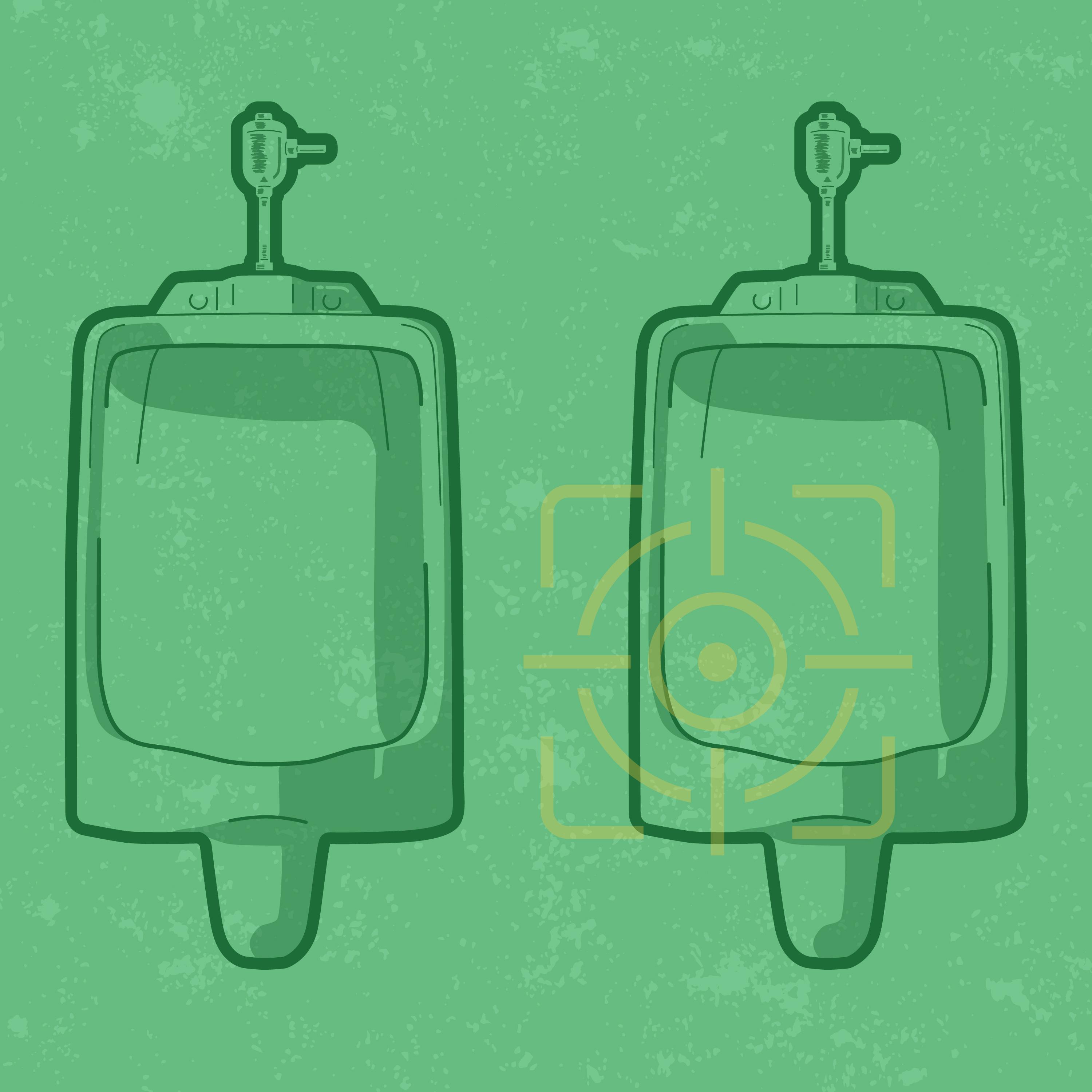 Graphic of two urinals next to each other with a target