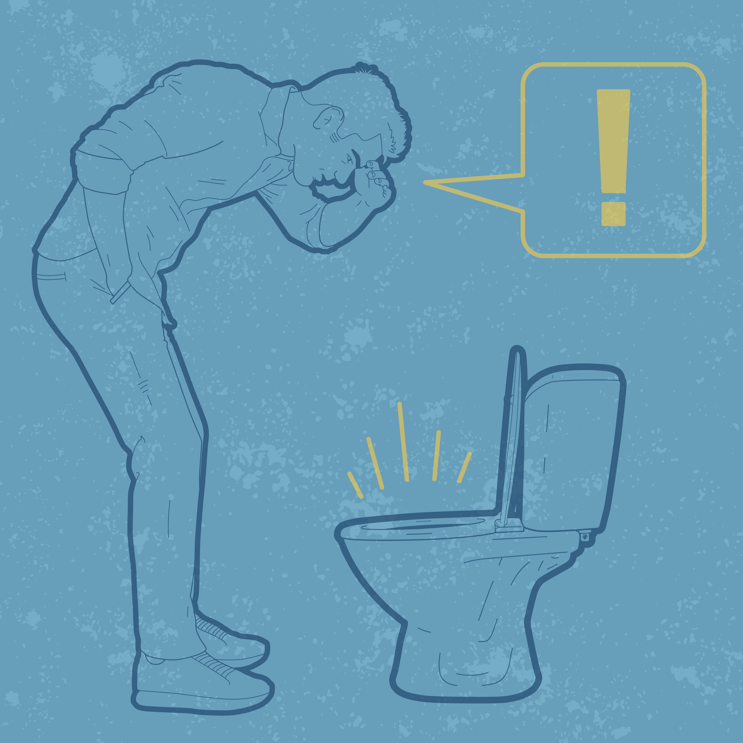 Graphic of a man looking into the toilet with an exclamation point in a voice bubble