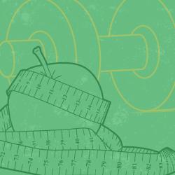Graphic showing apple and measuring tape with a weight in the background.
