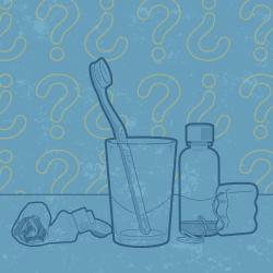 Graphic of items used to brush/clean your teeth, with question marks in the background