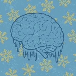 Graphic of brain freeze, showing icicles on a brain and snowflakes